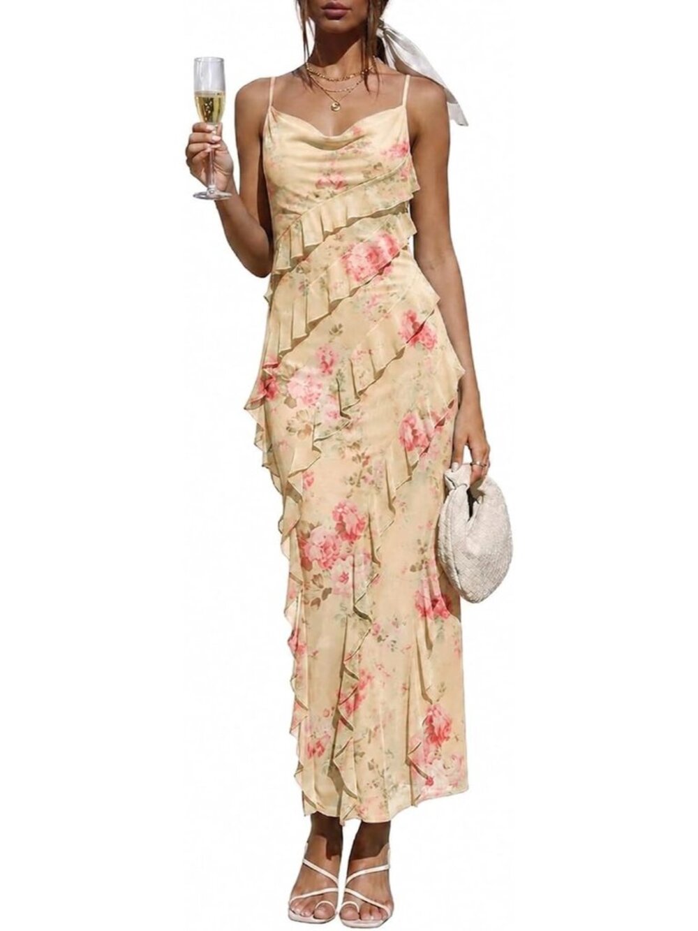 Women's Floral Yellow Spaghetti Strap Formal Bodycon Wedding Guest Maxi Dresses